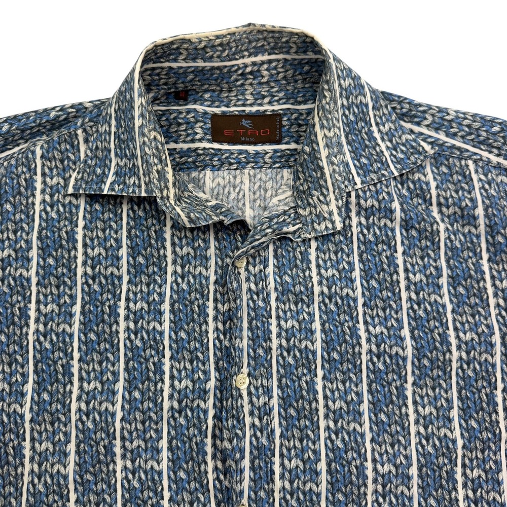 Etro Shirt Mens M Blue Long Sleeve Button Up Striped Cotton Made Italy Woven
